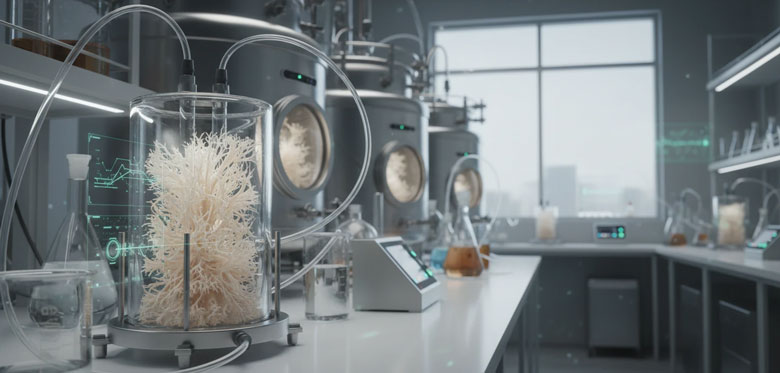 A modern biotechnology laboratory for fungal protein production, featuring culture reactors and a glass chamber containing growing fungal biomass (mycoprotein).