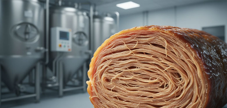 بافت لایه‌ای و رشته‌ای مایکوپروتئین (پروتئین قارچی) با ظاهری شبیه به گوشت در محیط صنعتی و مخازن فرآوری.