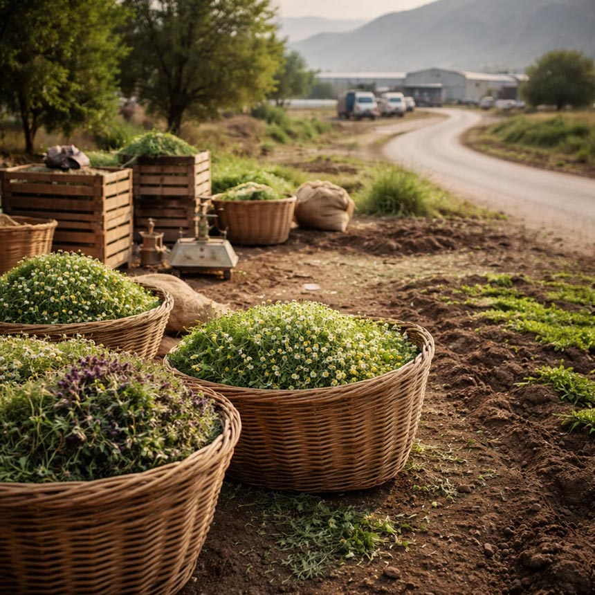 برداشت سنتی گیاهان دارویی و گل بابونه در مزرعه جهت انتقال به واحدهای فرآوری و بازارهای جهانی