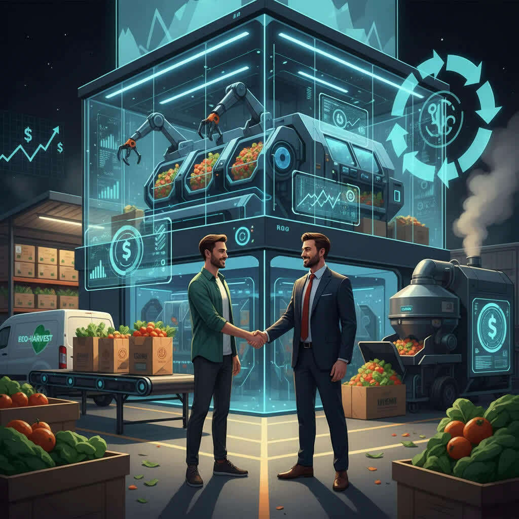 تصویر گرافیکی از همکاری دو کارآفرین در یک کارخانه هوشمند با بازوهای روباتیک و بسته‌بندی مکانیزه محصولات کشاورزی
