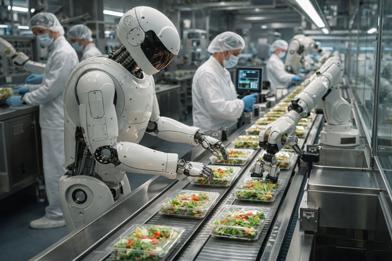 همکاری ربات‌های انسان‌نما و بازوهای مکانیکی هوشمند با نیروی انسانی در خط تولید و بسته‌بندی مکانیزه سالاد در یک کارخانه صنایع غذایی مدرن.