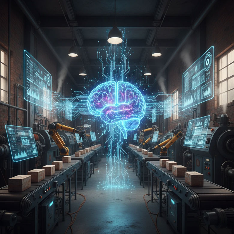 هوشمندسازی خط تولید سنتی مواد غذایی با استفاده از اینترنت اشیا (IoT) و هوش مصنوعی، نمایش بصری یک مغز دیجیتال در میان بازوهای رباتیک.