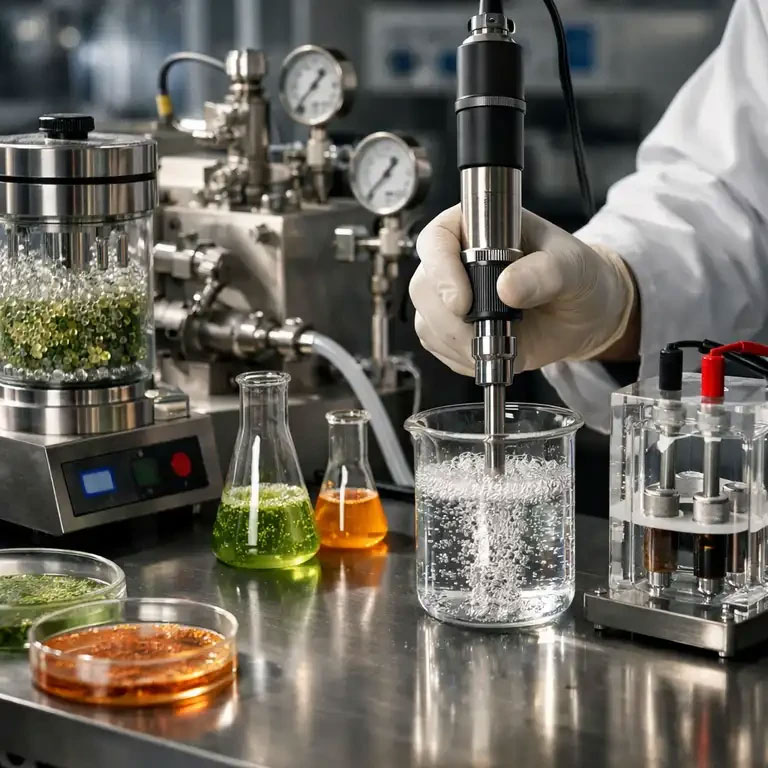 View of the laboratory process for extracting and preparing fungal protein with advanced equipment and several liquid sample solutions.