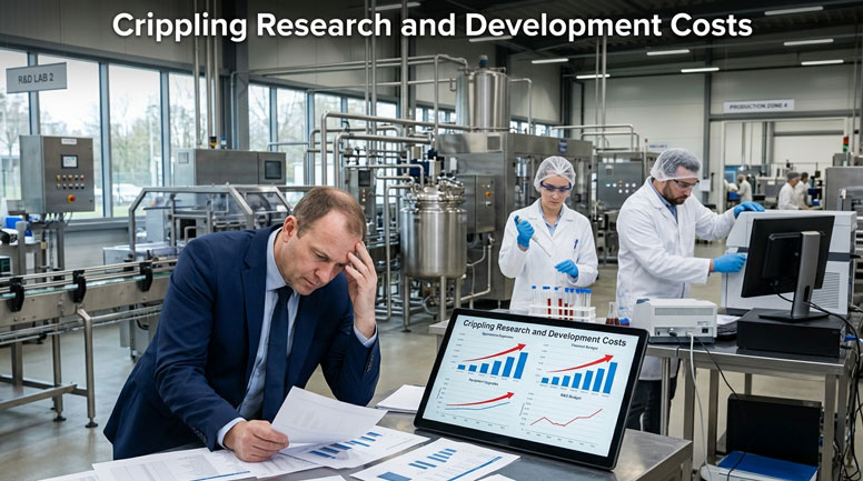 مدیر نگران در حال بررسی نمودارهای صعودی هزینه‌های تحقیق و توسعه (R&D) در یک کارخانه صنایع غذایی.