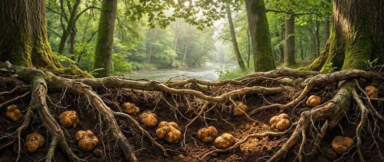 A view of honey truffles underground, adjacent to forest tree roots.