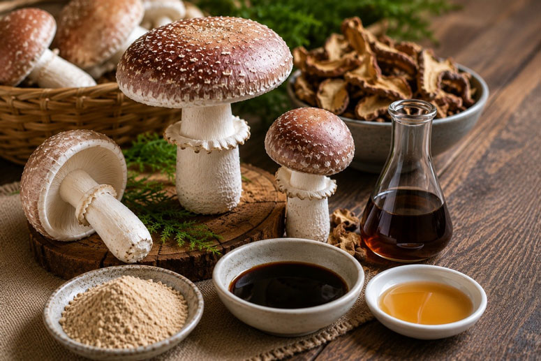Fresh Stropharia rugosoannulata mushroom alongside its by-products including powder, extract, and liquid products in a laboratory environment or an industrial kitchen.