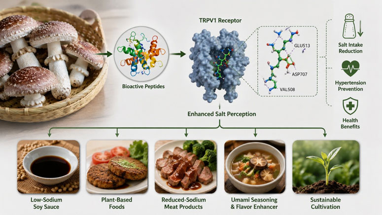 Infographic illustrating the bioactive peptides of Stropharia rugosoannulata mushroom and the enhancement of saltiness perception (TRPV1 receptor) for salt reduction and application in low-sodium products.