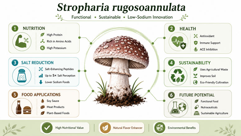 Infographic of the benefits of the Stropharia rugosoannulata mushroom, including high nutritional value, sodium reduction, health benefits, environmental sustainability, and its applications in the food industry.