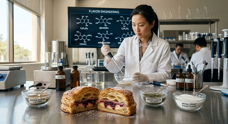 متخصص علوم غذایی در حال فرمولاسیون و مهندسی طعم با استفاده از شیرین‌کننده‌های طبیعی و ترکیبات گیاهی.