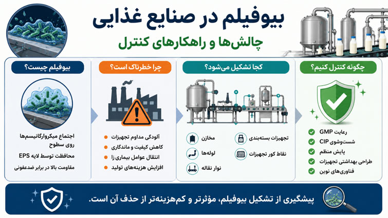 اینفوگرافیک بیوفیلم در صنایع غذایی؛ چالش‌ها و راهکارهای پیشگیری و کنترل