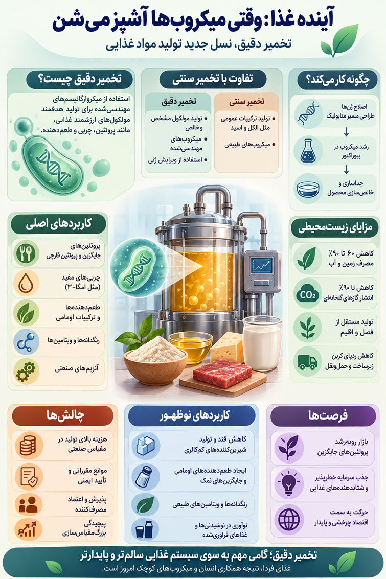 اینفوگرافیک تخمیر دقیق و کاربرد آن در تولید پایدار مواد غذایی
