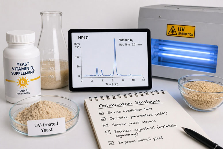 بهینه‌سازی تولید ویتامین D₂ از مخمر UV-تابش‌دیده با پایش HPLC و تنظیم زمان تابش.