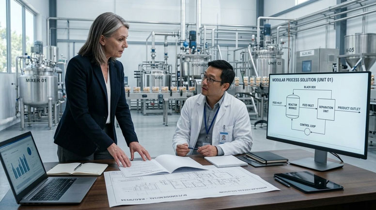 مهندس و مدیر R&D هنگام طراحی فرآیند ماژولار تولید در کارخانه غذایی